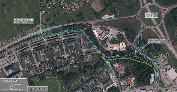 Bilden visar planerna i Odenskog med bland annat ny cirkulationsplats på Hagvägen och Stuguvägen och nytt etableringsområde intill trafikplats Odenskog.