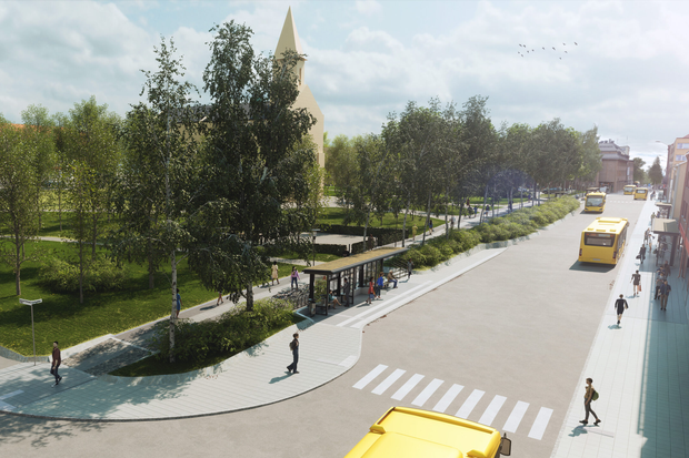 Skiss som visar hur nya hållplats centrum kan komma att se ut vid kyrkparken.