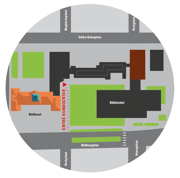 Karta över Rådhuset och Kommunhuset med pil till medborgaringången.