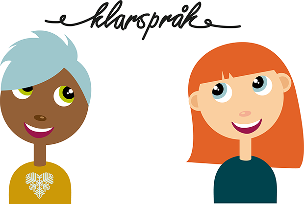 Illustration på leende kvinnor. Mellan dem går ett snöre där det står klarspråk