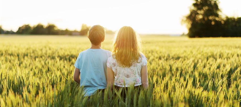 Två barn, en pojke och en flicka, står i högt gräs på ett fält med ryggen till. Solen strålar i ansiktet på dem.