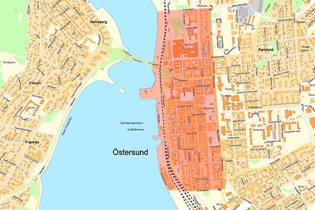Karta som visar var du inte får använda fyrverkerier i centrala Östersund utan polistillstånd
