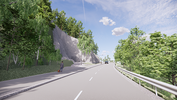 Bild på Bergsgatan med bred gång- och cykelväg efter den branta bergväggen