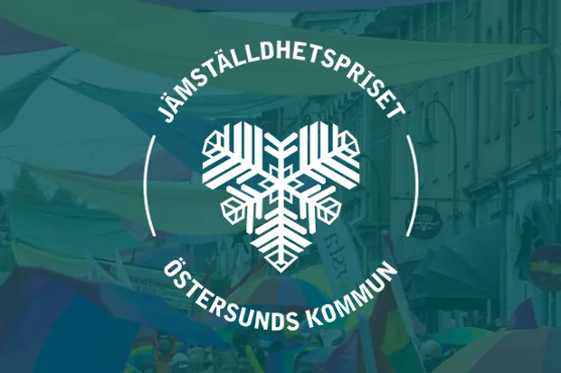 Logotypen för Jämställdhetspriset med ett Pridetåg i bakgrunden.