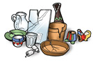Tecknad bild på sopor som ska läggas på soptippen; spegel, dricksglas, glastillbringare, blomkrukor av lera, porslinsföremål, säkringar