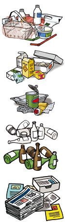 Tecknade bilder på förpackningar av plast, papper, metall och glas samt tidningar