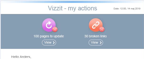 Skärmdump som visar hur Vizzits åtgärdsmejl ser ut