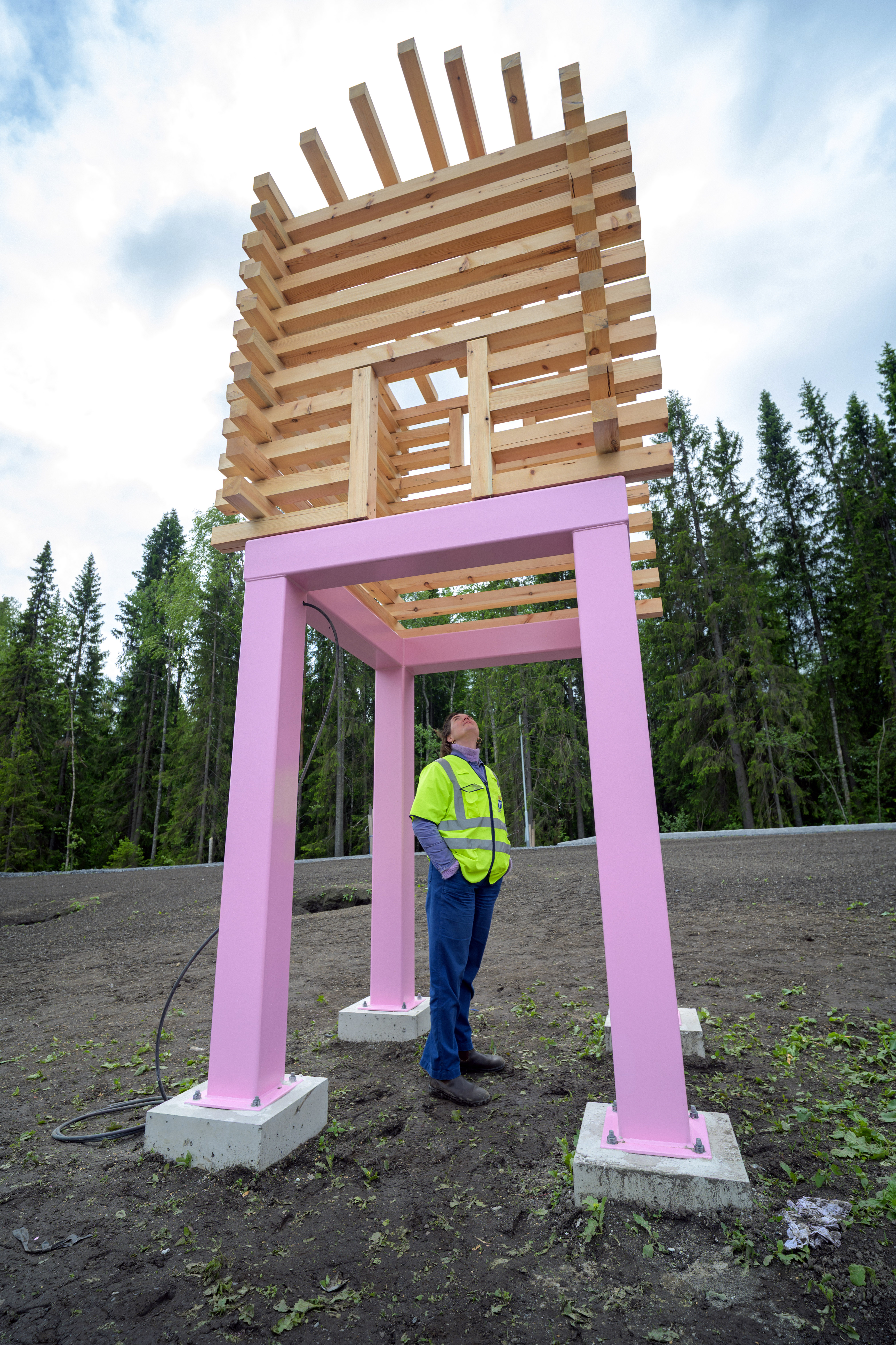 En person i gul varseljacka står under ett härbre med rosa höga ben.