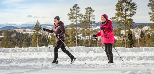 Två pensionärer åker längdskidor i vackert väder med utsikt över fjällen