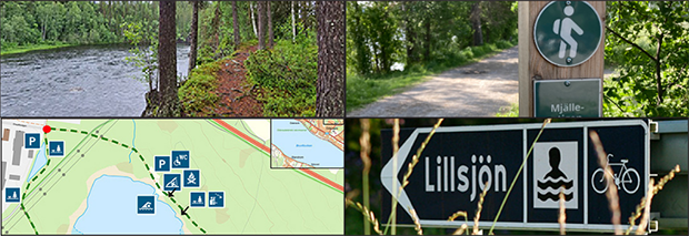 Ett bildkollage med en karta, en gångstig längs en å, en skylt med texten Lillsjön m.m.