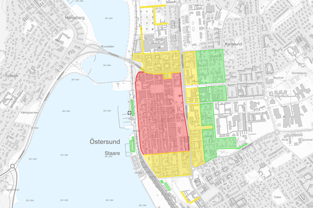 Karta som visar var de olika parkeringzonerna finns i centrala Östersund