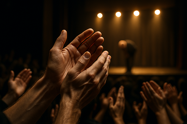 En genrebild föreställande händer som applåderar bland en publik i en teaterlokal. På scenen ser man en person tacka för applåderna.