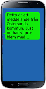 En mobil med sms:et "Detta är ett meddelande från Östersunds kommun. Just nu har vi problem med..."