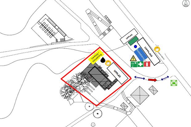 Bilden visar en kartskiss över platsen för det nya multifunktionella grönområdet, intill elljusspåret i Brunflo.