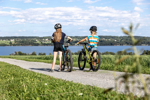 Två barn som står bredvid sina cyklar en solig sommardag.