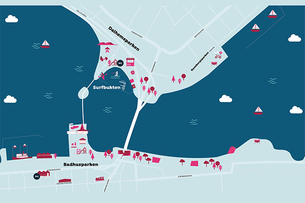Tecknad karta över Badhusparken och Dalhemsparken.