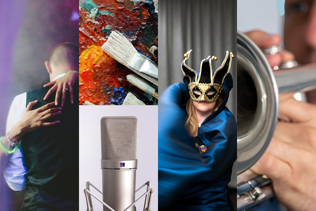 ett kollage på flera olika bilder som beskriver olika kulturformer (dans, konst, sång, teater och instrument)