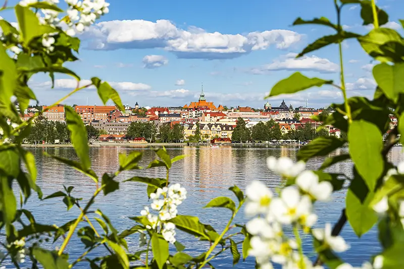 Utsikt över Östersunds skyline med Storsjön och blommor förgrunden