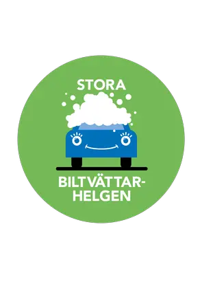 Illustrerad blå bil med skum på och texten stora biltvättarhelgen.