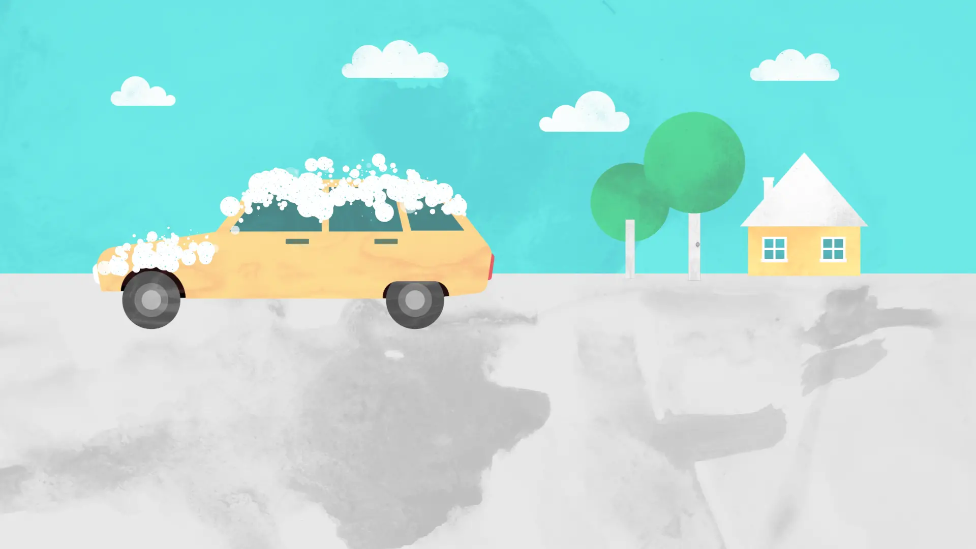 Illustrerad gul bil med skum på, står på grå asfalt med ett gult hus och två träd i bakgrunden.