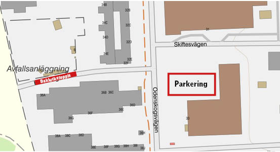 Karta som visar var bakluckeloppiset ska vara och var parkeringen är