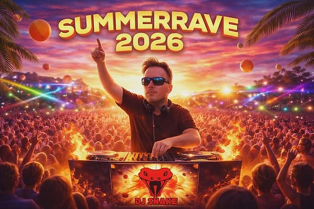 Discjockey som spelar för ett stort publikhav en varm sommarkväll