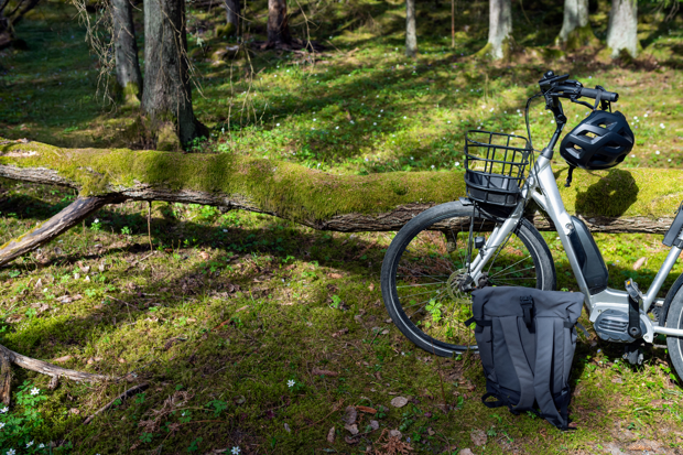 Elcykel parkerad i skogen.