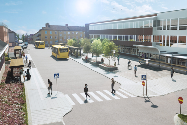 Hållplats sjukhuset med fyra nya väderskydd och brett gång- och cykelstråk intill sjukhuset.