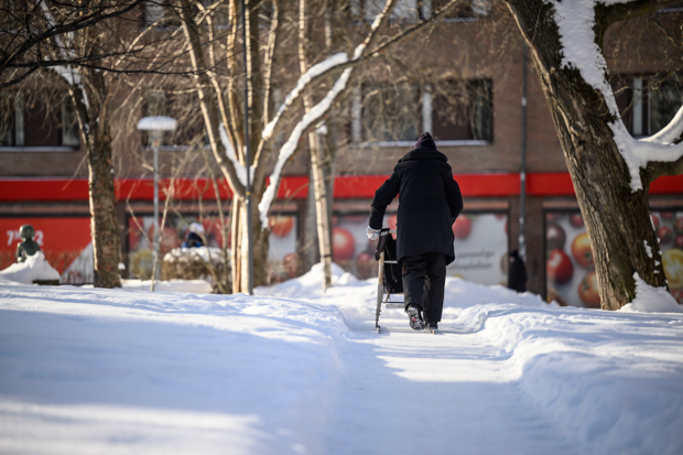 En kvinna åker spark genom Kyrkparken i vinterskrud