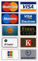 Kontokort som går att betala med. Mastercard, Visa, Maestro, Finax, Rikskort, GE Capital, JCB,