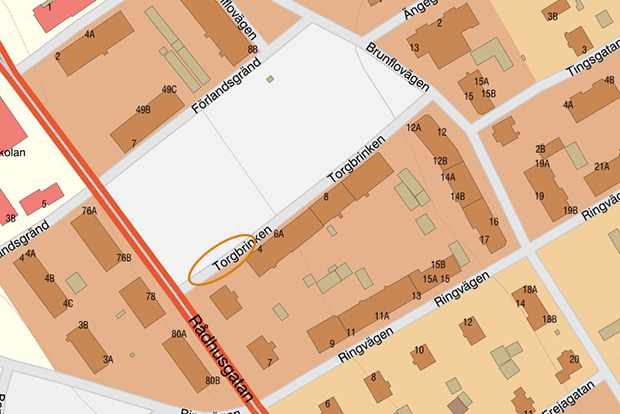 Karta med Rådhusgatan, Torgbrinken och Brunflovägen