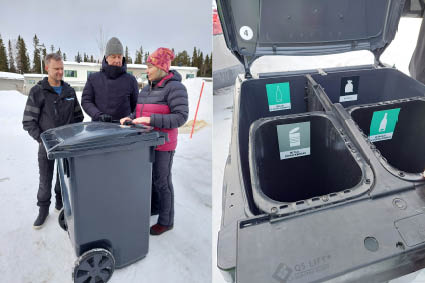 Två bilder, den ena med tre vuxna vinterklädda människor som står runt ett avfallskärl, andra bilden är kärlet med locket öppet så att man ser de fyra facken.