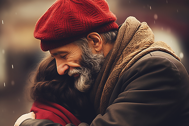 Bild på äldre man med skägg och röd mössa som kramar yngre person med bortvänt ansikte.