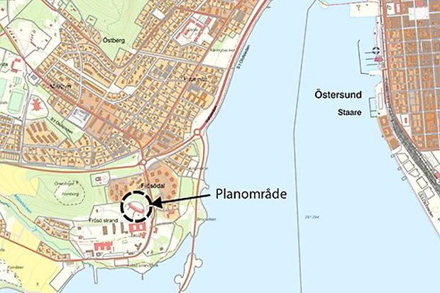 Karta över planområdet på Frösö strand.