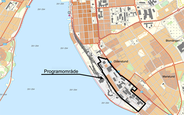 Karta över planområdet kring Bangårdsgatan.Planområdet börjar strax efter järnvägsstationen och sträcker sig söderut längs Storsjö strand.