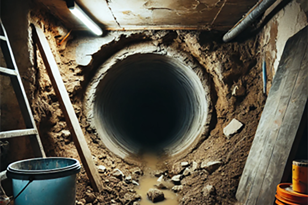 En stor tunnel med runda väggar grävts ut genom ett källarrum, omgiven av jord och sten. Verktyg och byggmaterial som en stege, hink och träskivor står runt öppningen.
