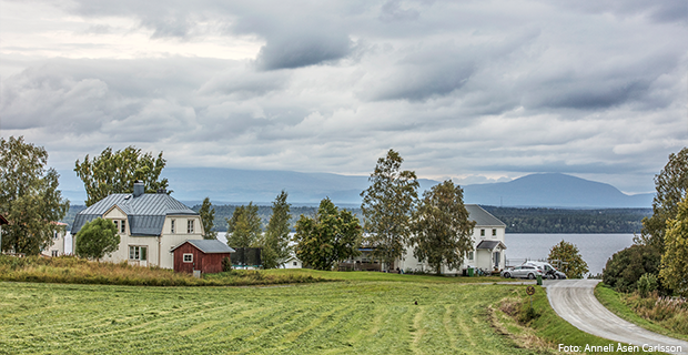 Vybild över byväg med gård i förgrunden och Oviksfjällen och Storsjön i bakgrunden