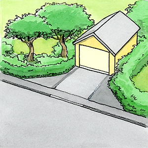 Illustration: Garageinfart och en häck planterad så att sikt medges