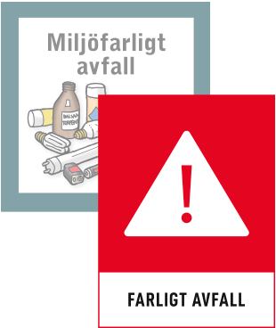 Den nya symbolen för farligt avfall med rött utropstecken i en vit triangel på röd botten ligger framför den gamla bilden för "miljöfarligt avfall"