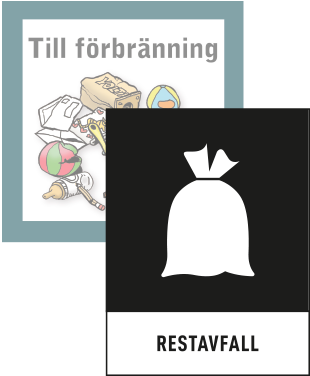 Den nya symbolen för restavfall är en vit hopknuten soppåse på svart bakgrund. Bakom den finns den gamla bilden för "till förbränning"