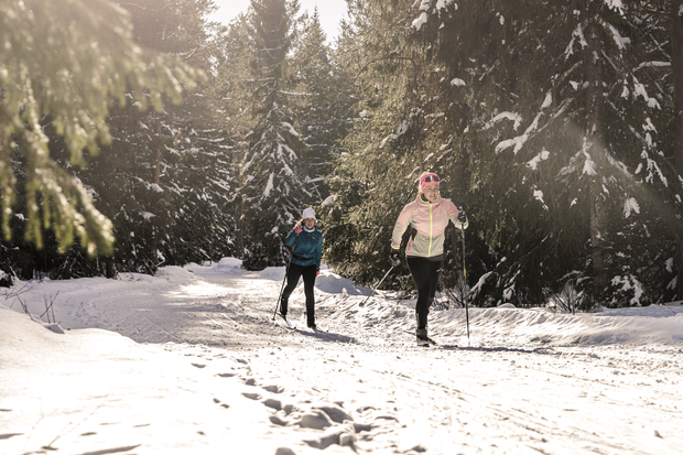 Två längdskidåkare ute i skidspåret i skogen