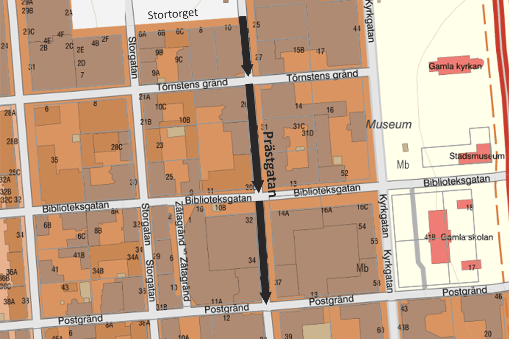 Karta som visar arbetsområdet på Prästgatan mellan Stortorget och Postgränd 