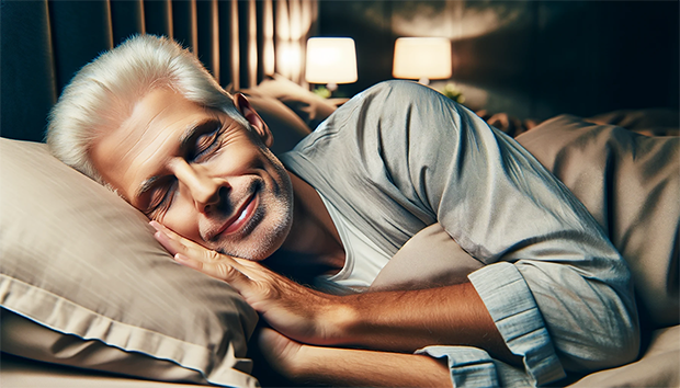 Närbild på äldre man som sover gott med ett leende i ansiktet.