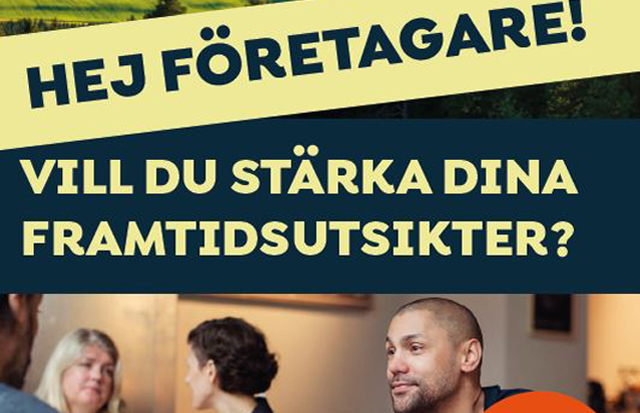 Bild på inbjudan med text och en man i nederkant
