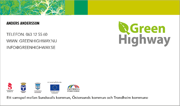Visitkort med logotypen "Green Highway" uppe till höger som dominerar i storlek och placering. Längst ned till vänster fem olika logotyper i mindre storlek.