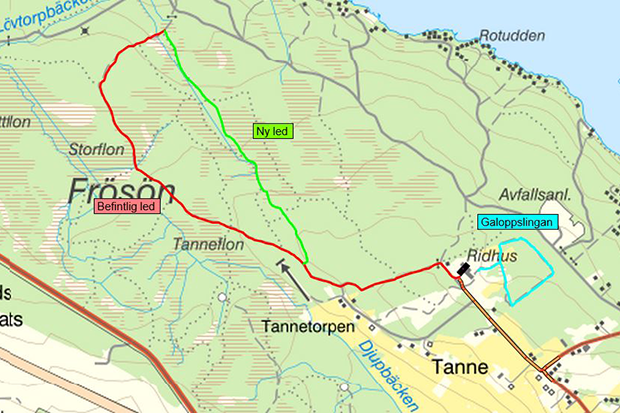 bilden visar var de nya ridlederna går. Alla tre utgår från Frösö Ridcenter