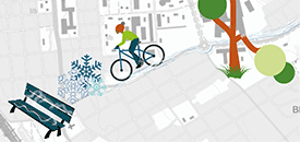 Illustration på nedklottrad parkbänk, vintercyklist, knäckt trädgren mot en kartbakgrund.