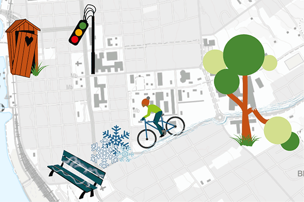Illustration: Trasigt trafikljus, nedklottrad parkbänk etc. mot en kartbakgrund.