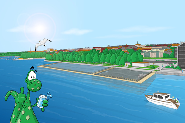 Illustration av bassängerna vid Storsjöstrand med staden i bakgrunden. Birger står i förgrunden med ett glas vatten i handen