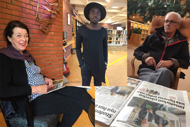 collage av tre bilder på tre personer som befinner sig på biblioteket